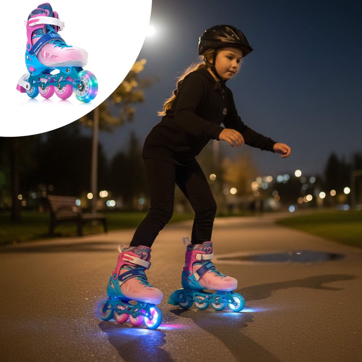 SnelShoppen - Inline skates voor kinderen met LED-lichten, rem, aluminium loopvlak, PU wielen 82A, ABEC-7 lagers, hoge schaal, triple sluiting, maat S