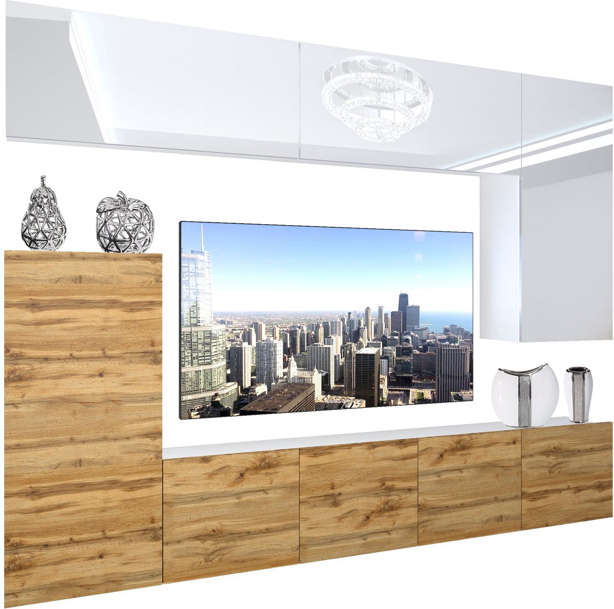 BELINI Wandmeubel NEX 8 - TV-Wandkast Set met LED-Verlichting Wit / Wotan Eiken - Hoogglans Fronten