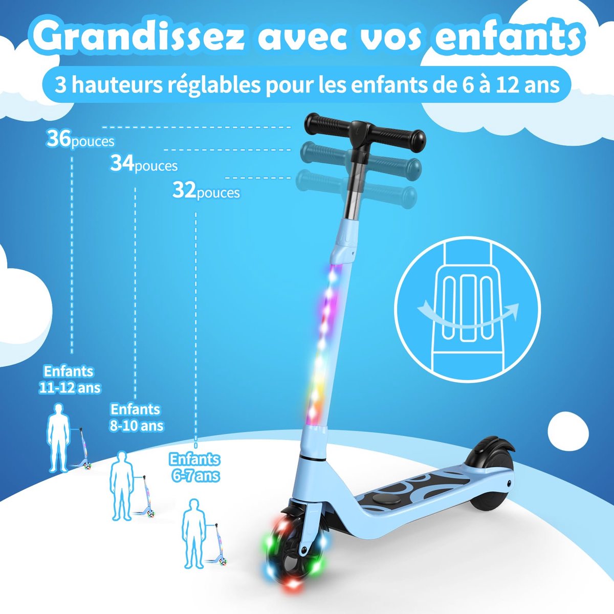 SnelShoppen - Elektrische step voor kinderen 6-12 jaar, 5,3 inch met kleurrijk LED-licht, 3 verstelbare hoogtes, maximale belasting 70 kg, ideaal voor