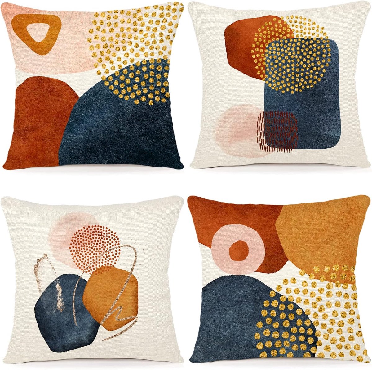 SnelShoppen - Kussensloop set van 4, 40 x 40 cm, linnen kussenhoezen met geometrisch patroon voor bank, slaapkamer, outdoor gebruik, sierkussens voor