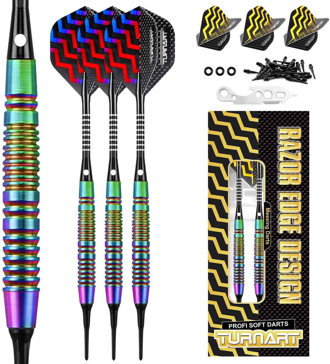 SnelShoppen - Turnart Dartpijlen Professionele Softdarts met Kunststof Punt, 18 g, 30 Dartpijlen, 6 Flights, Gereedschap en O-ringen voor Elektronisch