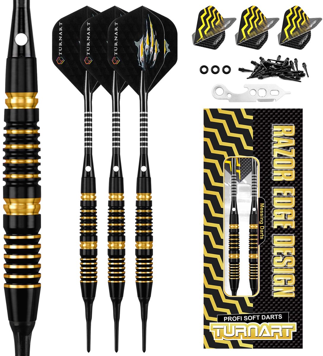 SnelShoppen - Turnart Dartpijlen met Kunststof Punt, 18 g Messing Softdarts, Professionele Dartset met 30 Dartpijlen, 6 Flights, Gereedschap en O-Ring