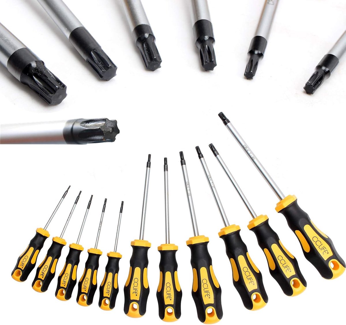 SnelShoppen - 11-delige Torx schroevendraaierset met magnetische punten, ergonomische grip, CR-V-staal voor precisie reparaties in garage, werkplaats