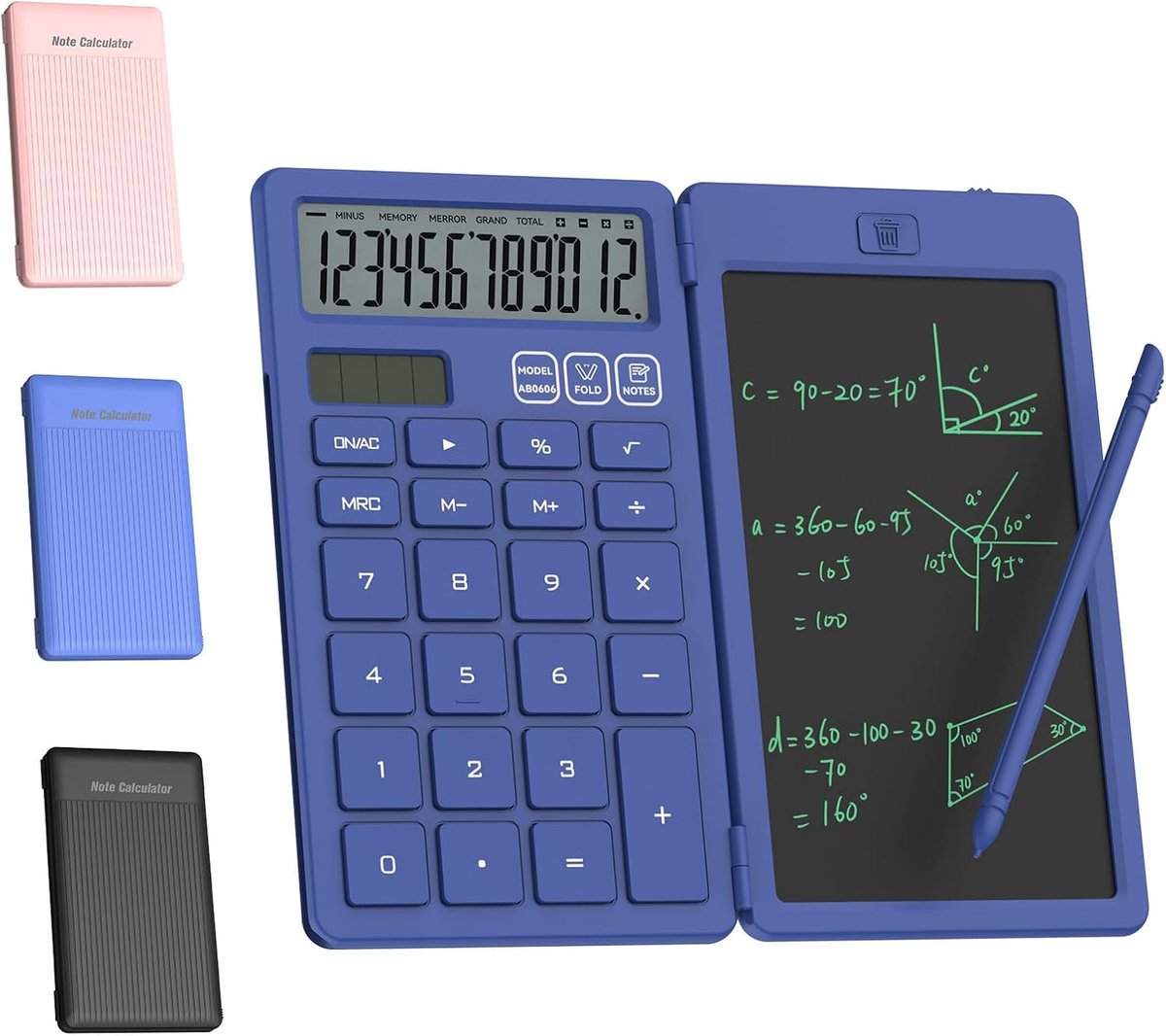 SnelShoppen - Draagbare 2-in-1 Rekenmachine met Grote Toetsen en 6,5 Inch Notitieblok - Ideaal voor Reizen, Kantoor en School - Blauw