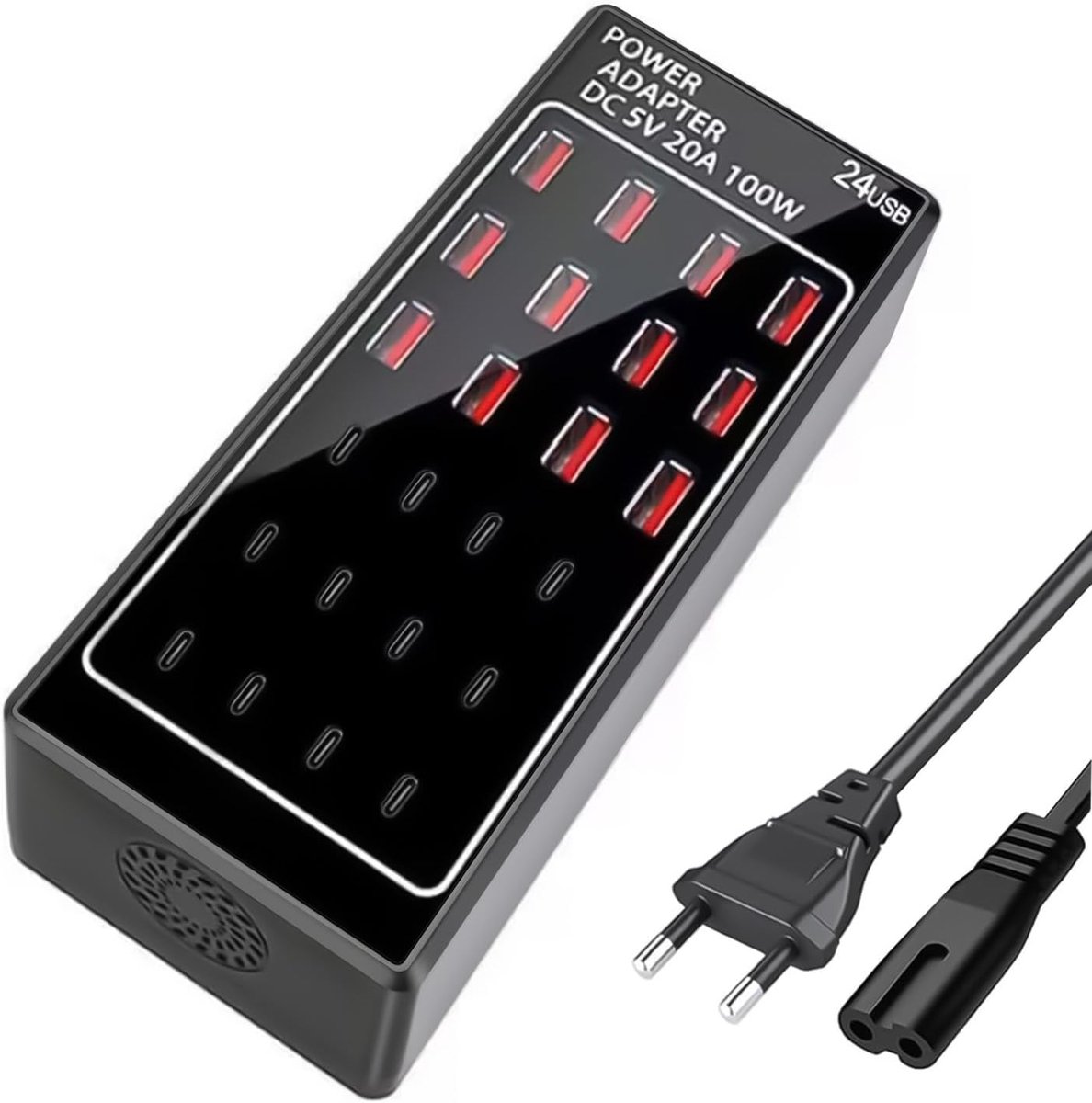 SnelShoppen - USB-laadstation, USB C-oplader, multi-oplader, 24 poorten, 100 W (20 A), snellader voor smartphones, tablets, Galaxy S25/S24, iPhone, Go