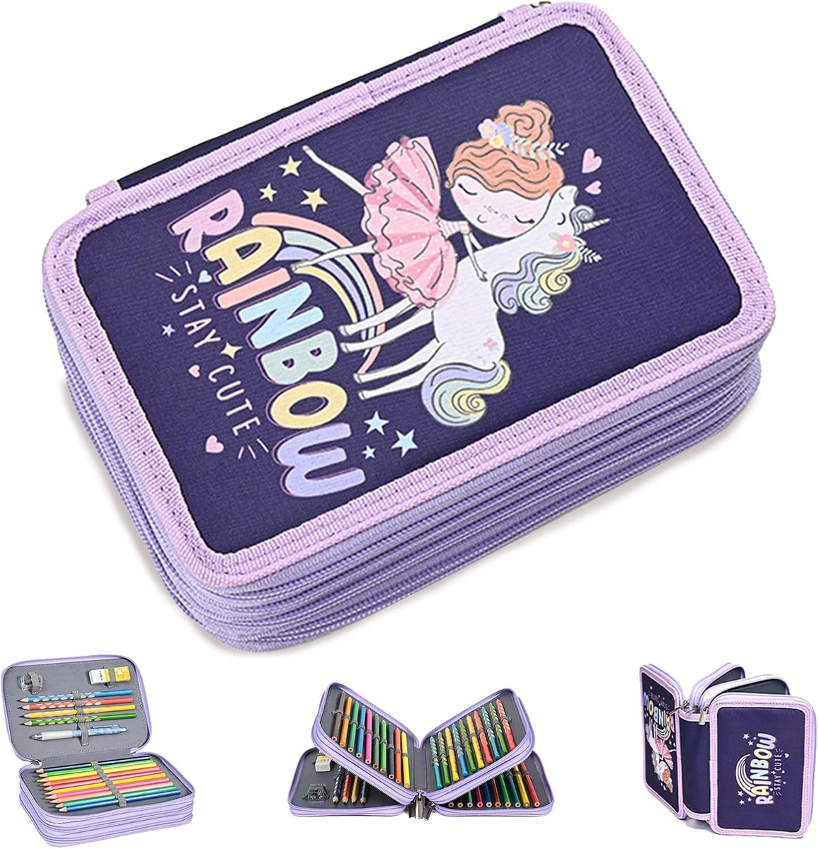 SnelShoppen - Pennenetui met 3 vakken, grote capaciteit, meerdere ritssluitingen, geschikt voor tieners en kinderen, lila etui voor schrijfwaren en sc