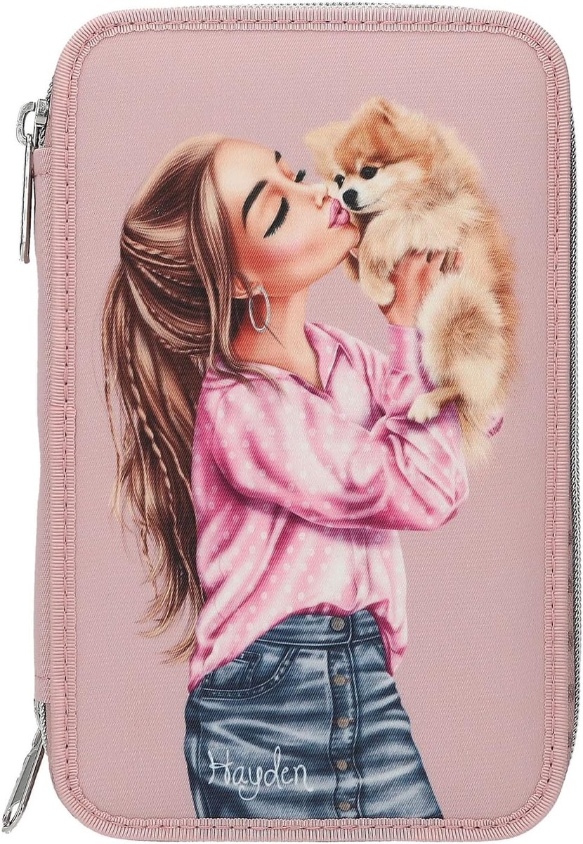 SnelShoppen - TOPModel Dots gevulde etui met 2 vakken in roze, kleurrijke etui met modelmotief en hond, inclusief kleurpotloden, schaar, liniaal en me