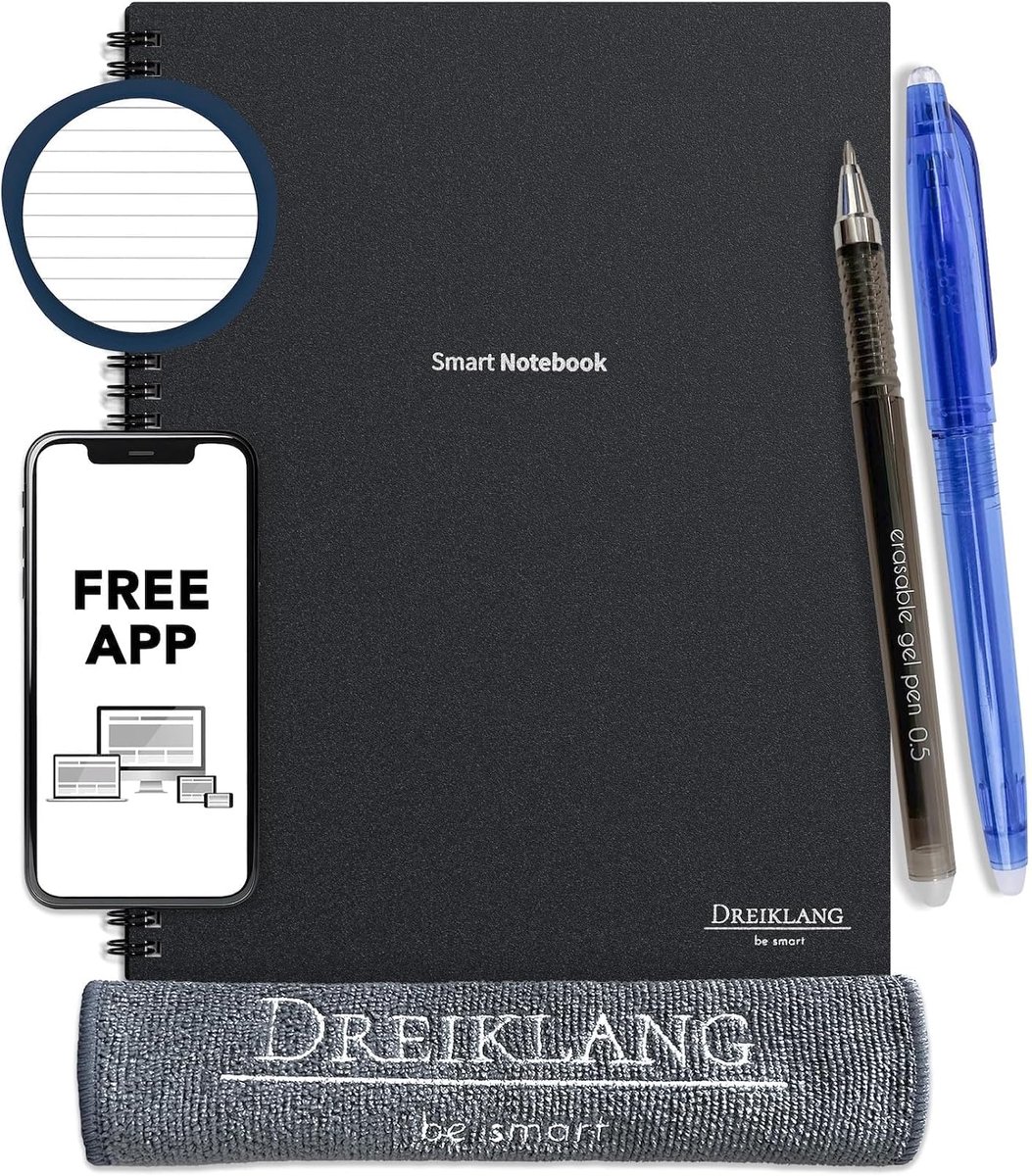 SnelShoppen - Herbruikbaar spiraalnotitieboek A4 met planner, schrijfboek inclusief 2 pennen en doek, ideaal voor school, kantoor, notities, planning