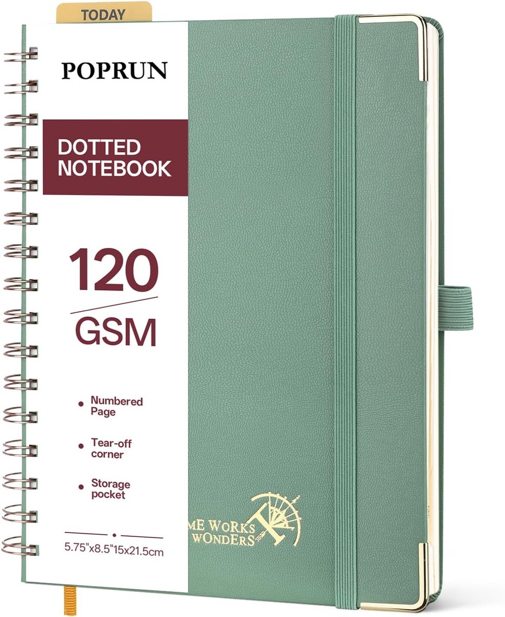 SnelShoppen - Notitieboek A5 gestippeld, spiraalnotitieboek met 141 genummerde pagina's, hardcover middernachtgroen, 120 g/m² papier, ideaal voor bull