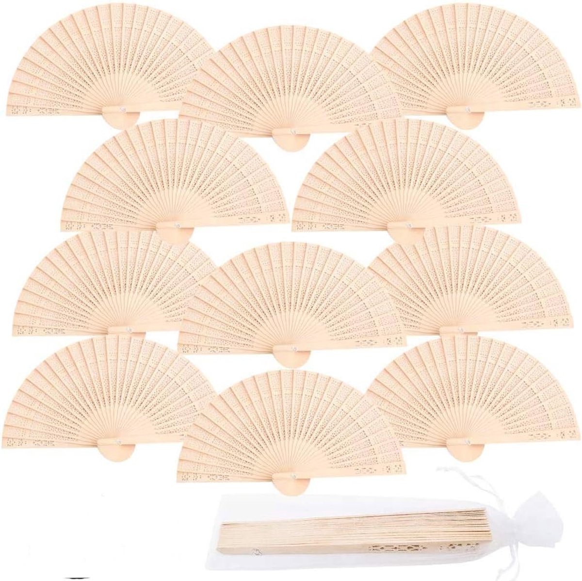 iZoeL 12 stuks handwaaiers, witte waaiers, bruiloft, papieren waaiers, bruiloftswaaiers, zakwaaiers, vouwwaaiers, gastgeschenk voor bruiloft, zomerfeest, met zakje, 4 stuks met patroon, retrohout
