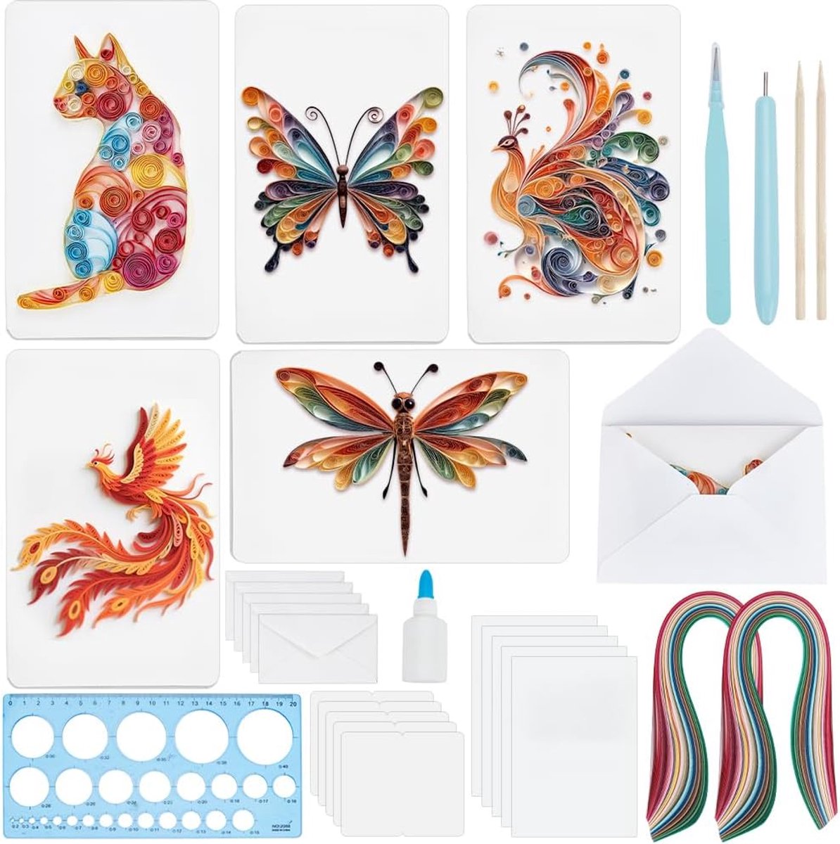 20 Set Kleurrijke DIY Quilling Kaarten met Dieren voor Volwassenen 5 Stijlen Kat Vlinder Libelle Kaarten Maken Quilling Kit met Quilling Gereedschap en Instructies