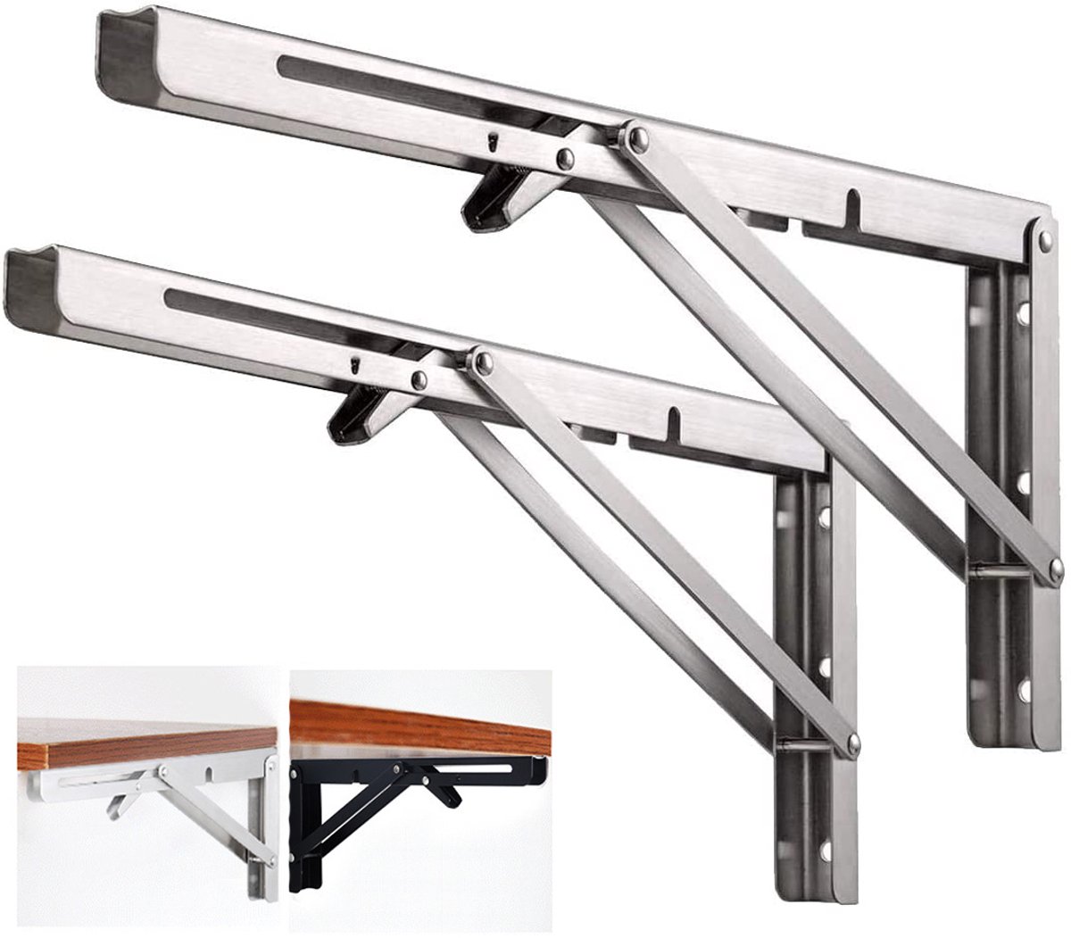 Inklapbare steunen – Set van 2 – Draagvermogen tot 150 kg – Driehoekige opbergsteunen – Geschikt voor wandplanken – Geschikt voor inklapbare planken – Stevig en duurzaam – 200 x 103 x 25 mm – Roestvrij staal