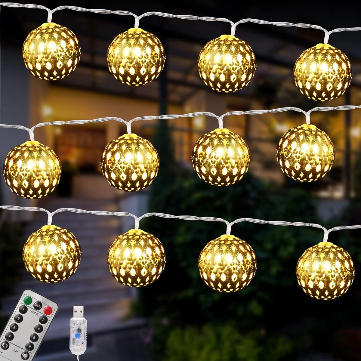30 LED lichtketting Marokkaans - stroom en USB - 8 knipperende modi, dimbaar met afstandsbediening - kamer, raam, binnen Kerstmis (goud)