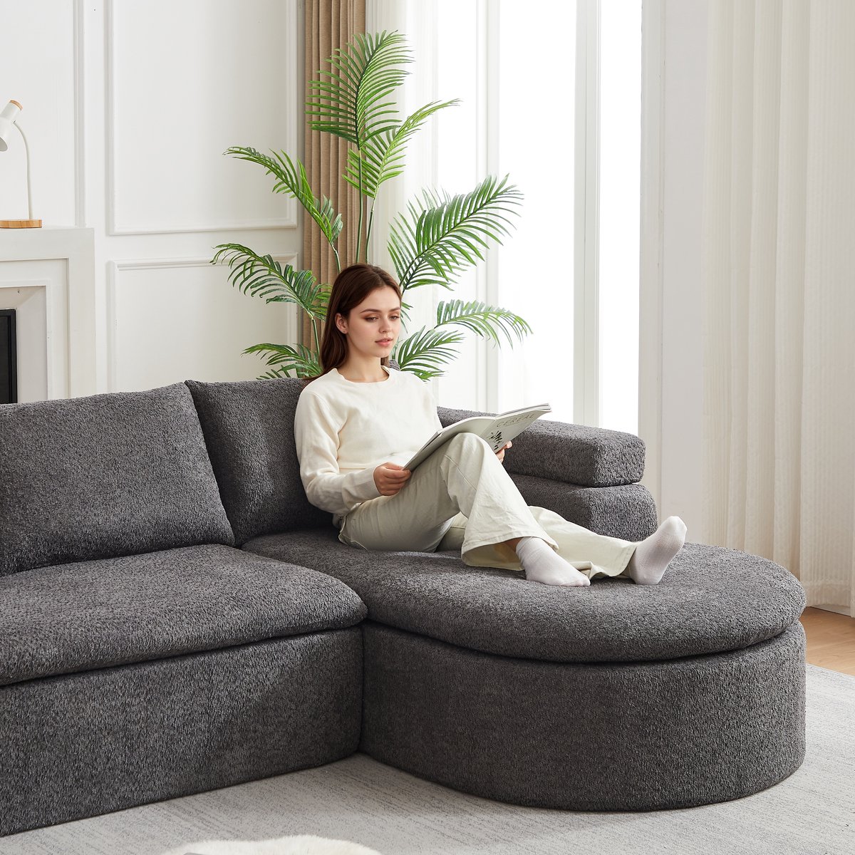 OKWISH Hoekbank - 3-Zits Met Chaiselongue - Stappenarmleuning & Dikke Rugkussens - Voor Woonkamer Of Appartement - Chenille - Antraciet