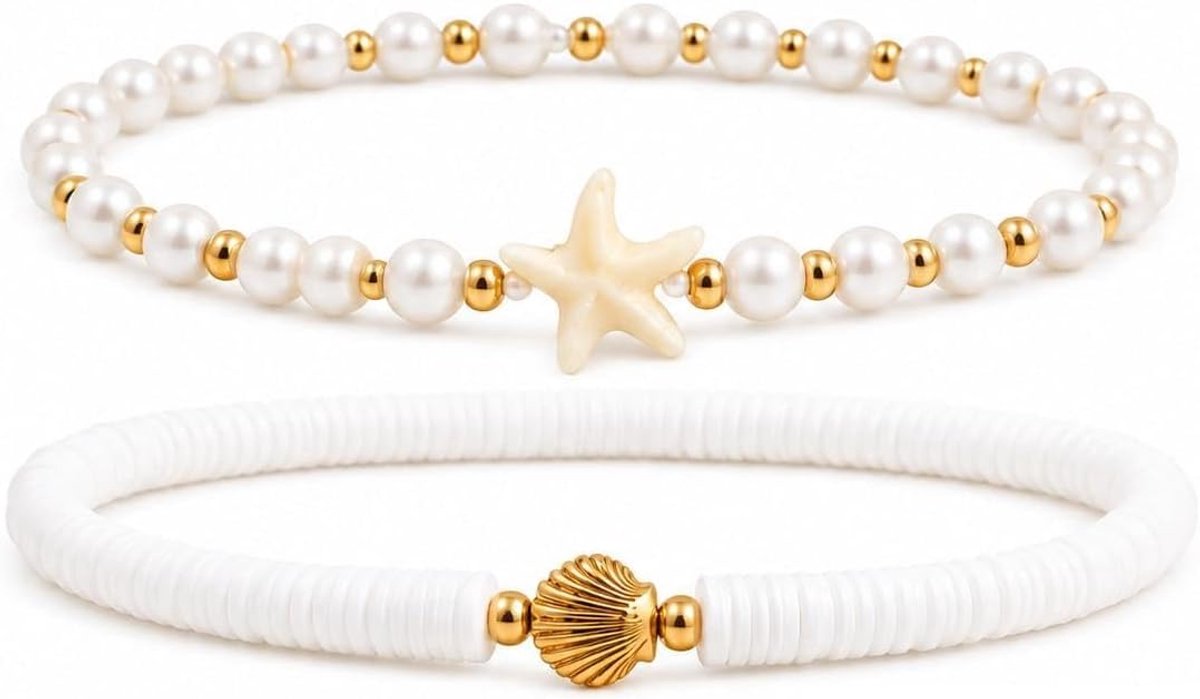 Schelp en Parel Enkelbandje Voor Dames, Boho Zeester Enkelbandjes Voor Vrouwen Meisjes Tieners Voor Zomervakantie Strandfeesten Festivals, Natuur Enkelband (25 CM)