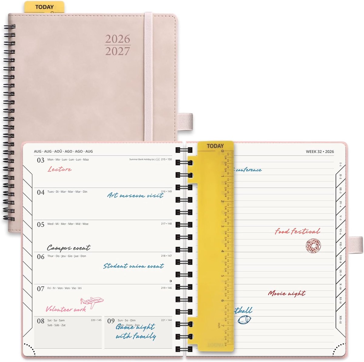 Agenda 2026 2027 Weekplanner en Notitieboek van Aug'26 - Dec'27, 22 x 16,5 cm, Zachte Spiral Binding Kaft, Maandtabbladen, Papier 80 GSM, Liniaal,Roze | 1 pagina per week met 1 pagina voor notities, bladwijzers, dik papier met 80 g/m² (roze)