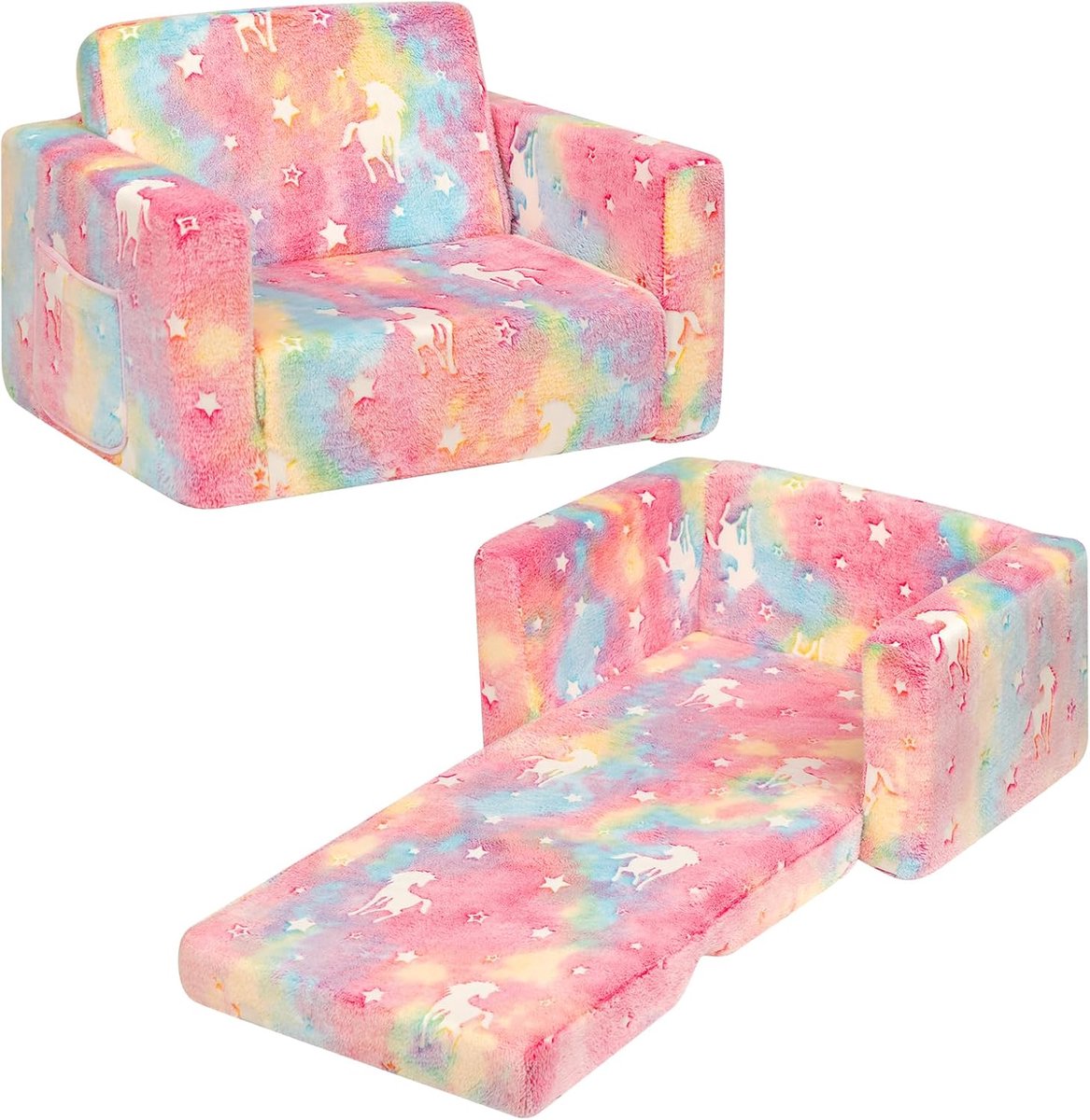 Kinderfauteuil, slaapbankje, 2-in-1 uitklapbaar kinderbankje, voor de kinderkamer, met Sherpa-stof bekleding, cadeau voor kinderdag en verjaardag, voor meisjes en jongens, suikerspin + eenhoorns