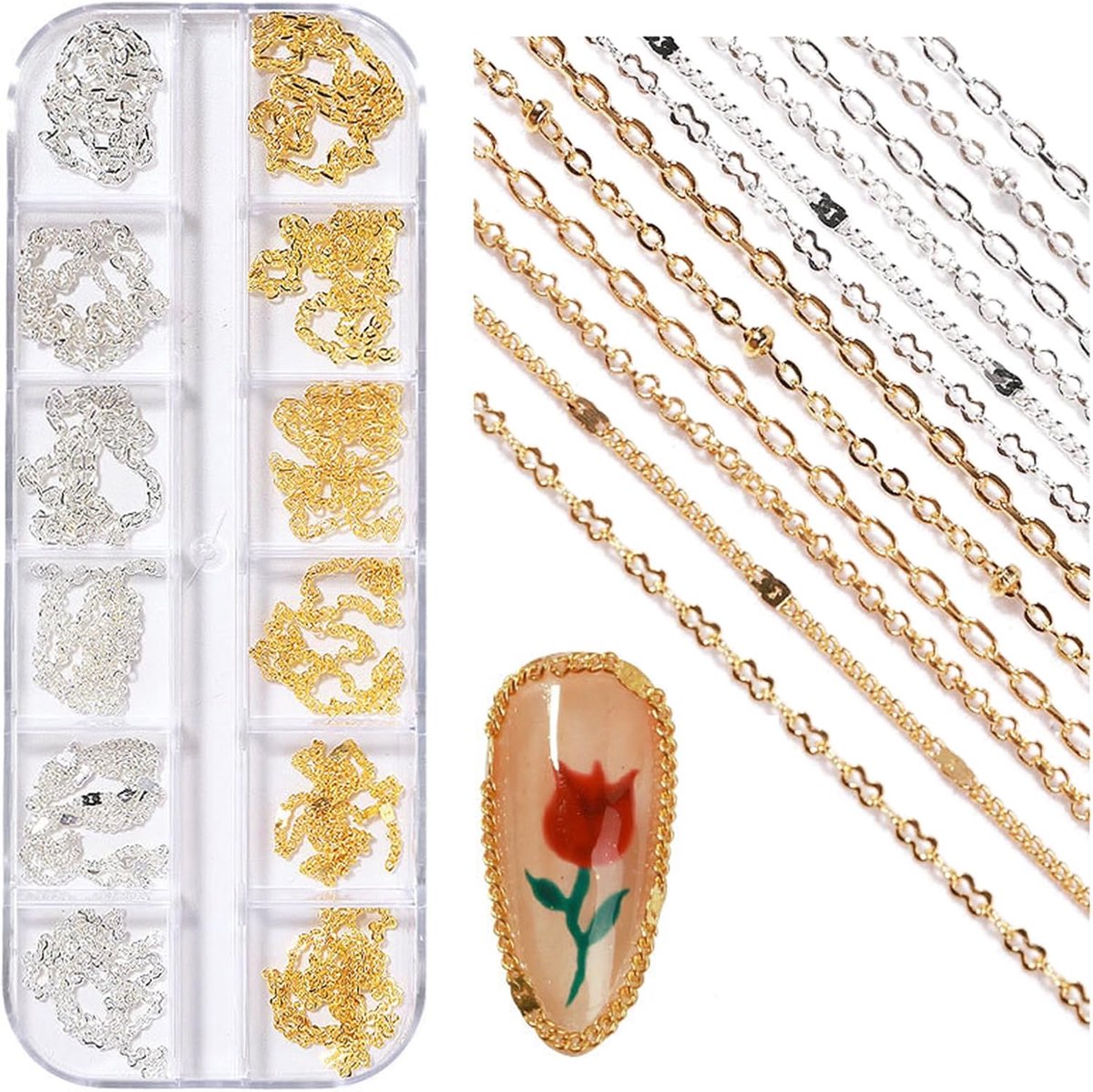 12 strips nagelkunstkettingen van metaal, nagelsieraden ketting van zilver en goud, nagelkettingen van legering, punk-bedels voor nagels, ornamenten, sieraden