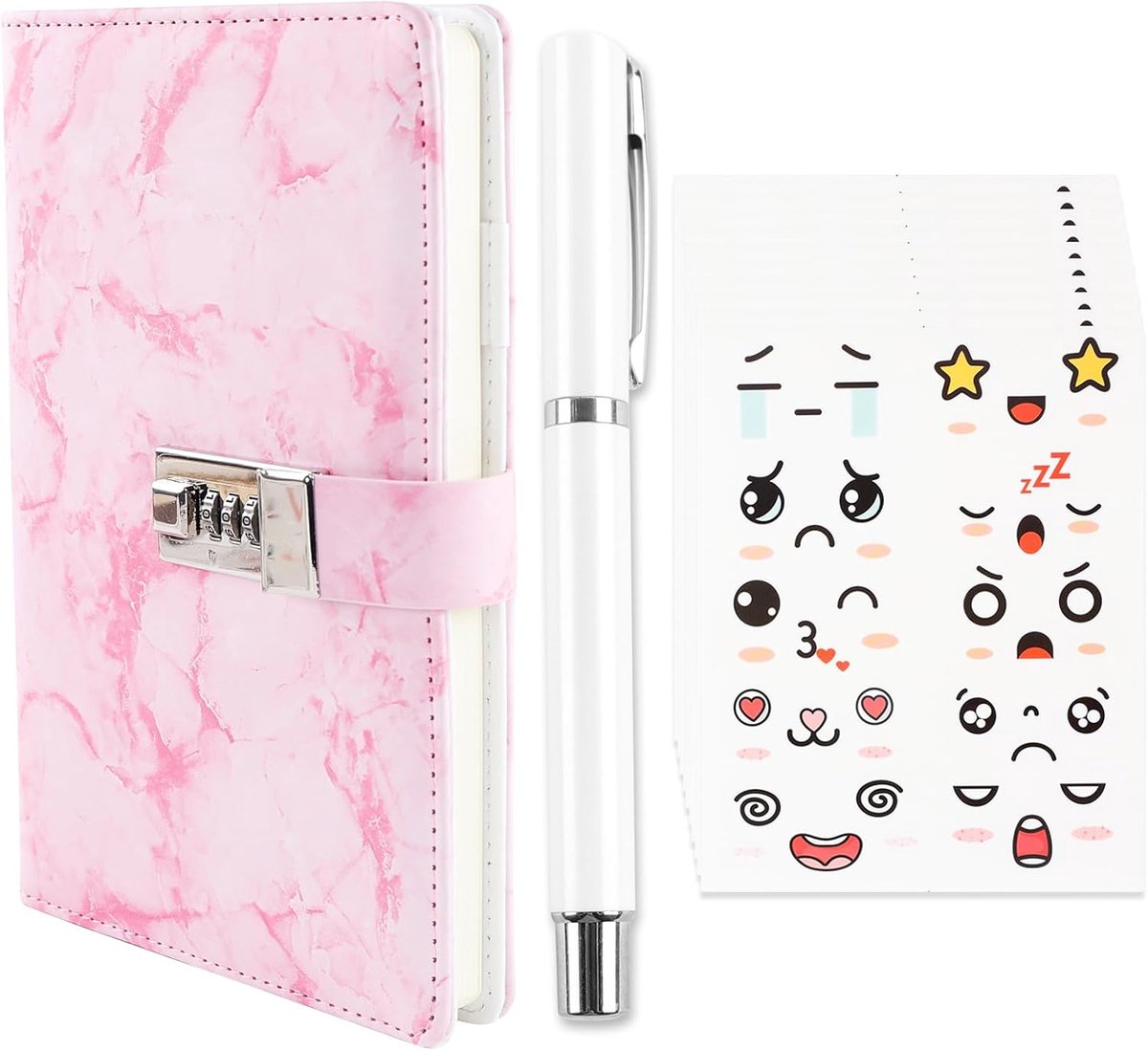 Dagboek met slot voor meisjes, dagboek met code, dagboeknotitieboekje met pen en grappige stickerset, navulbaar notitieboekje van kunstleer, notitieboekje met slot A5/Roze (21 x 15 cm)
