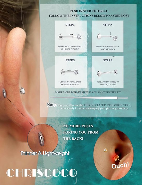 16G/18G/20G G23 Titanium Piercing Labret Piercing Trago Piercing Lip 2/3/4 mm CZ Oorpiercing Neus Medusa Kraakbeen Helix Piercing - 6/8/10 mm — afbeelding 2