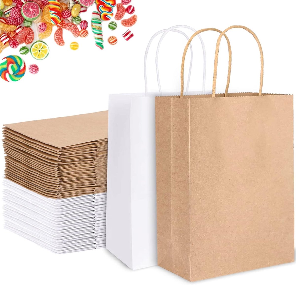 papieren zakjes, 42 stuks, papieren zakjes met hengsel,van kraftpapier, cadeautasjes voor feestjes, Kerstmis, bruiloft, als verpakking, kleur wit en bruin, elk 21 stuks (21 x 15 x 8 cm)