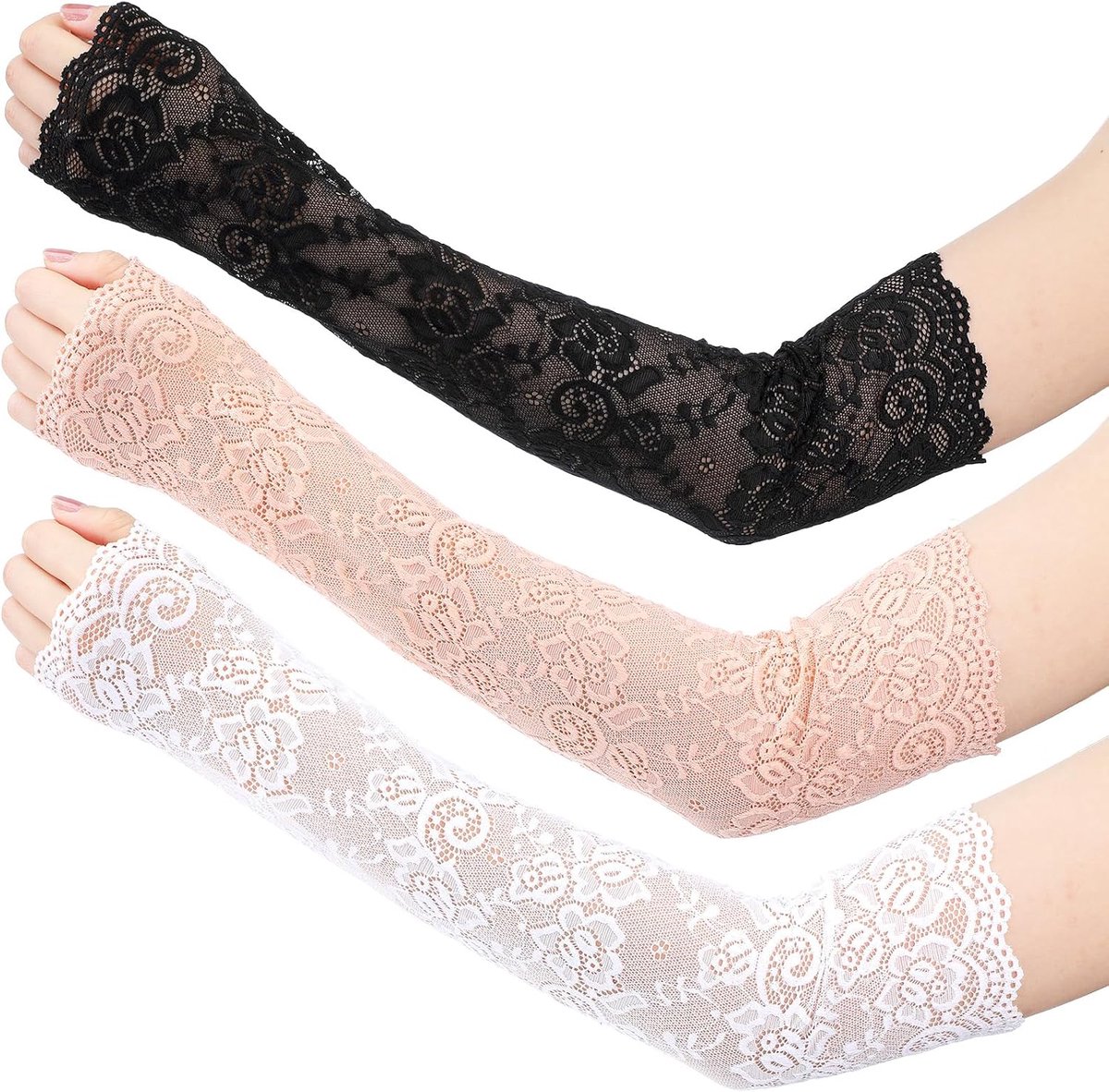 Kanten armwarmers, lange vingerloze kanten mouwen, 3 paar, arm- en beenaccessoires, ademende armbedekking, elleboog, zon, uv-bescherming voor vrouwen, bruiloft, feest, outdoor