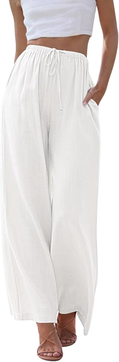 Linnen damesbroek, zomer, brede pijpen, strandbroek met elastische taillezakken, vloeiende palazzobroek, casual lichtgewicht loungebroek voor dames