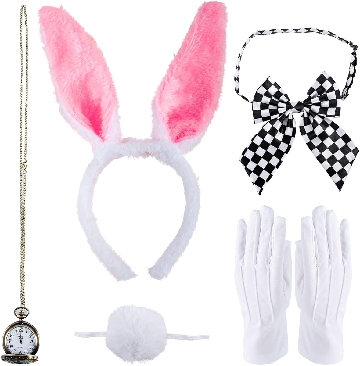 5 stuks roze konijnenkostuum, accessoires voor konijnenoren, hoofdband, vlinderdas, handschoenen, konijnenstaart klok voor accessoires, carnaval, kostuum, feest, verjaardag