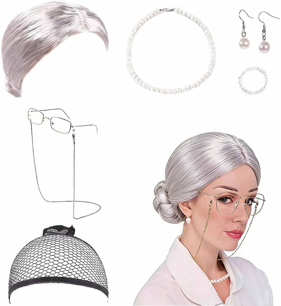 7 Stuks Oude Dame Kostuum Set, Oude Dame Cosplay Set, Grootmoeder Cosplay Accessoires Set, Geschikt voor Halloween, Carnaval, Themafeest, Carnavalsdecoratie