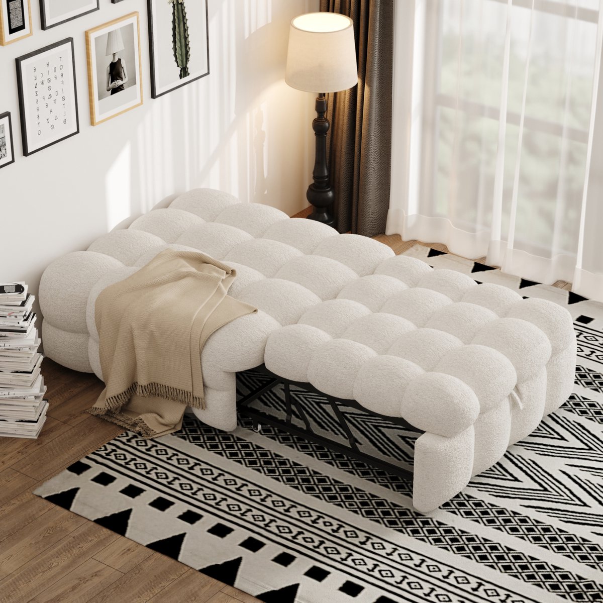 COVREO Slaapbank 183x76 cm beige, boucle metaal als 2-in-1 bedbank