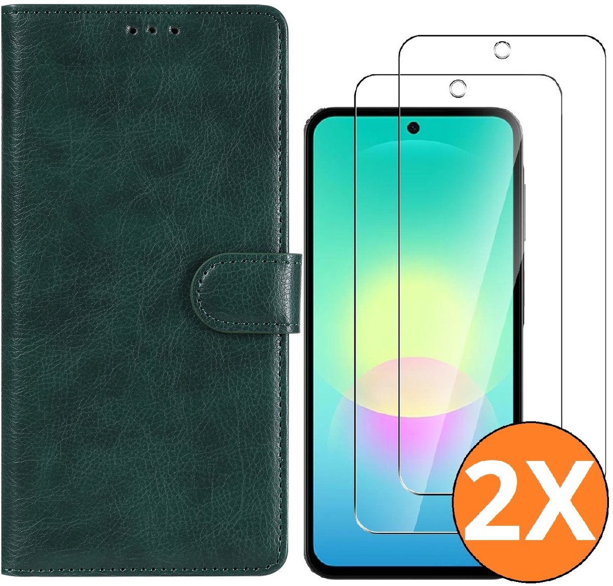 Hoesje geschikt voor Samsung Galaxy A27 5G Hoesje Groen met Pasjeshouder + 2x Screenprotector Tempered Glass – Schokbestendige Wallet Telefoonhoes