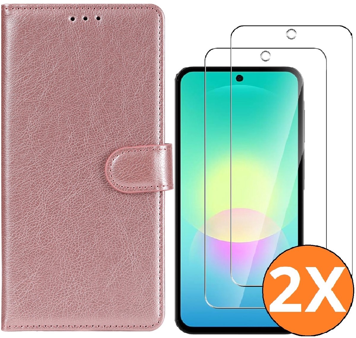 Hoesje geschikt voor Samsung Galaxy A27 5G Hoesje Rose Goud met Pasjeshouder + 2x Screenprotector Tempered Glass – Schokbestendige Wallet Telefoonhoes