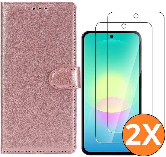 Étui de téléphone rose avec porte-cartes et deux protecteurs d'écran.
