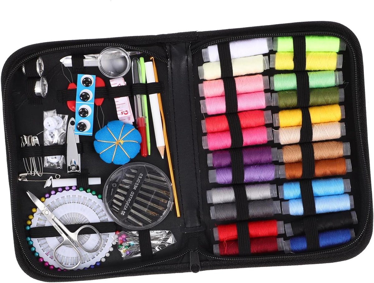 Naaisetje 132 Delen - Naaisets Kit - Kleding Repareren - Compleet Georganiseerd - 21.5 x 14.5 cm - Zwart