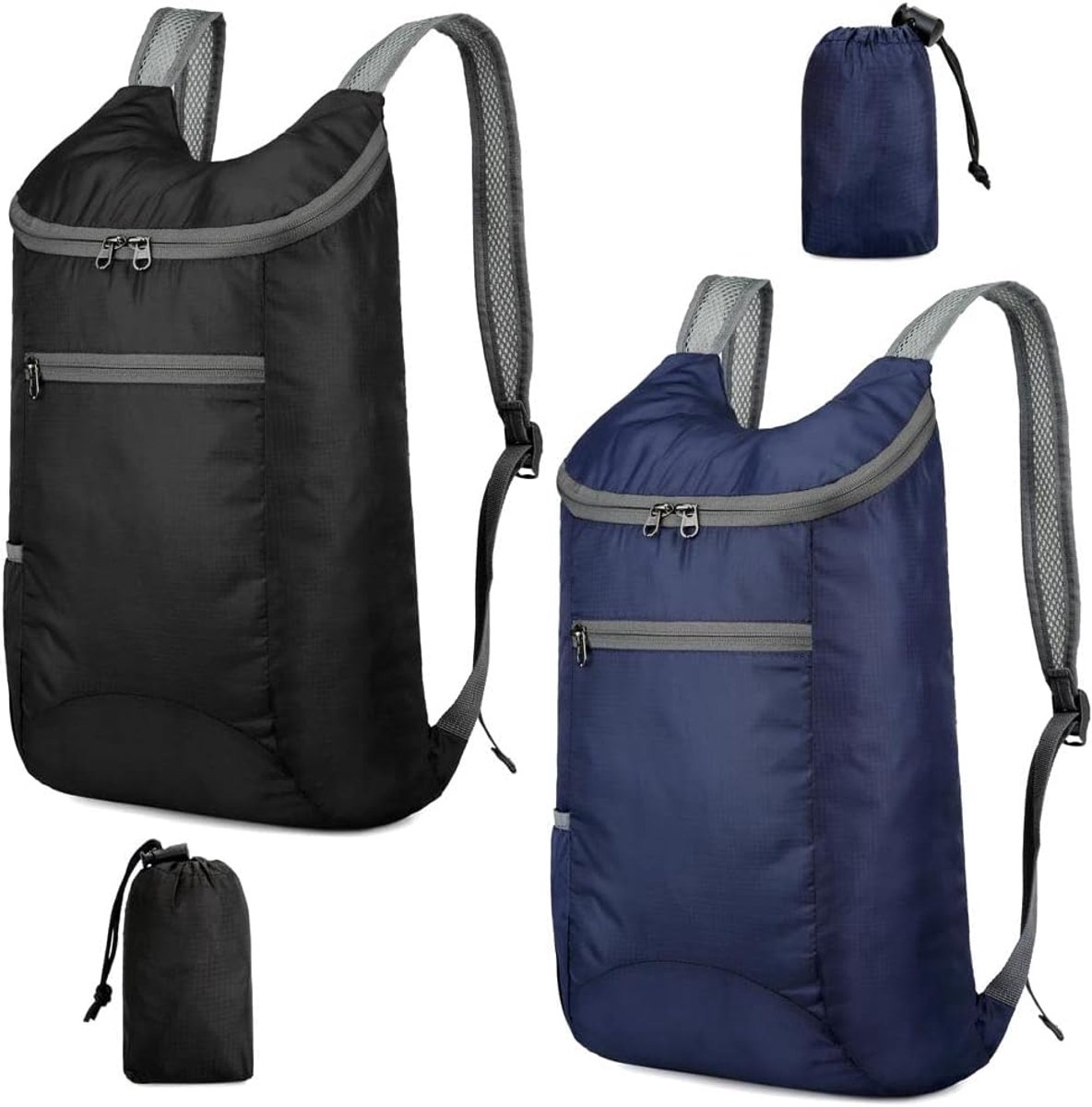 2 ultralichte opvouwbare rugzakken, waterafstotende dagrugzakken, opvouwbare rugzakken voor heren en dames, kinderen, reizen, outdoor, camping, klimmen, fietsen, wandelen, zwart + donkerblauw