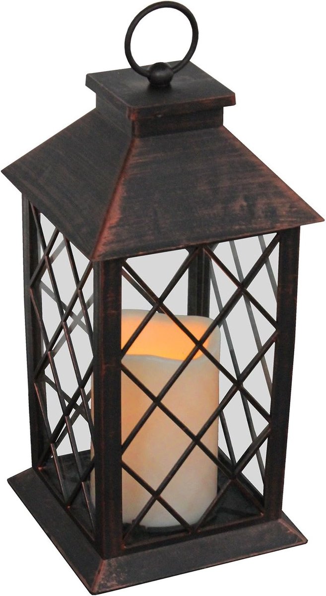 Lantaarn, hoogte 28 cm, met led-kaars met flakker-effect, lantaarn, windlicht, tuinlantaarn, kandelaar, tuinverlichting, decoratie - koper (antieke look)