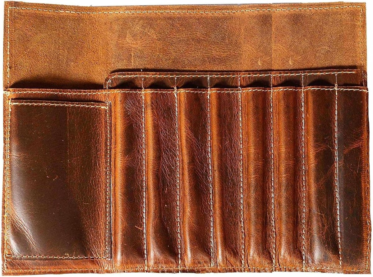 Echt Lederen Potlood Roll Borstel Case Pen Houder Organizer Borstels Heerser Stationaire Pouch Gift voor Studenten Kunstenaar Schilder & Schrijver String Sluiting Vintage, Bruin, L