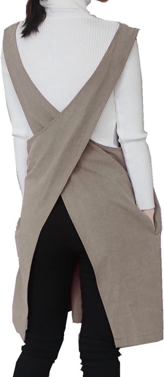 katoenen linnen schort, effen kleur, halter gekruiste banden, schorten in Japanse stijl. X-vorm keuken kookkleding. Cadeau voor vrouwelijke chef housewarming (Khaki)