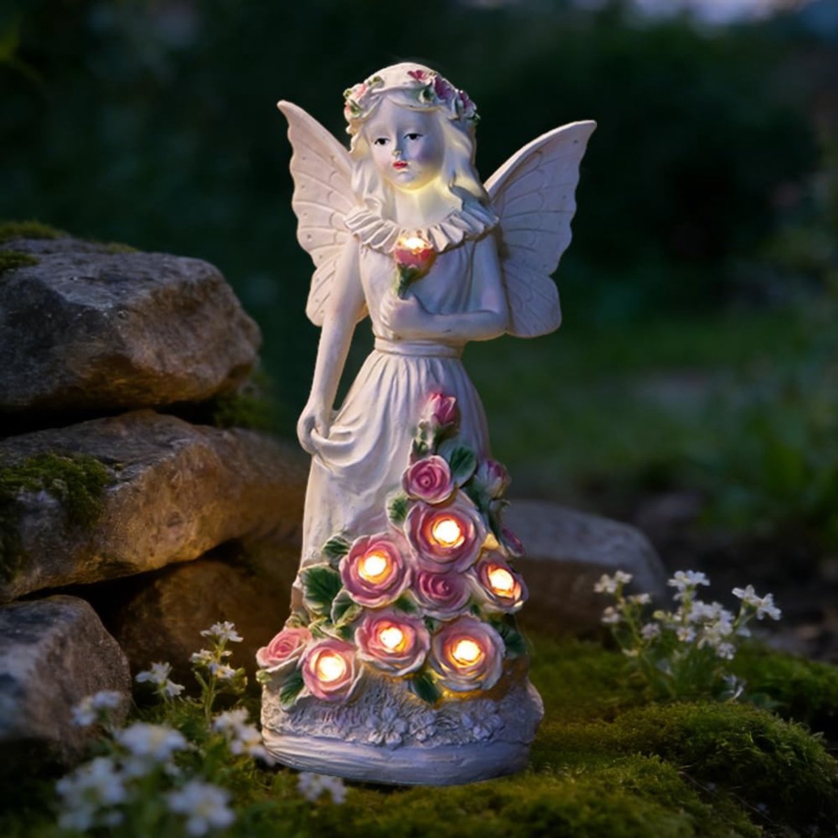 Tuinengel op zonne-energie, 33 cm, feeënengelfiguur met 7 ledlampen op zonne-energie, tuinfiguren van hars, grafengel weerbestendig, geschikt voor kamers buiten, tuin, balkon, terrasdecoratie