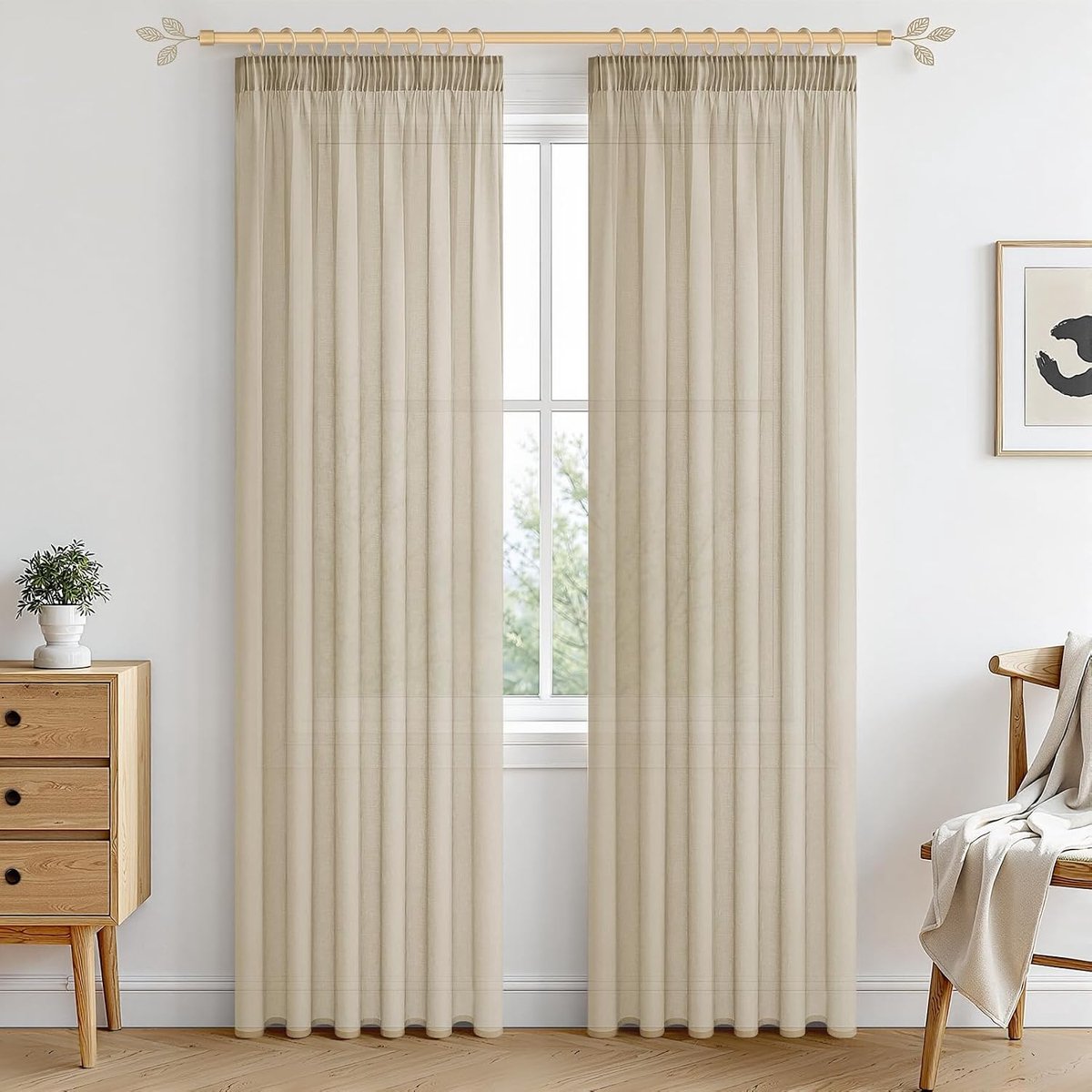 Gordijnen Beige Kort met Rimpelband 200x140cm (HxB) Vorhänge Boho Transparant voor Slaapkamer 2-delige Set Vorhang Macramé Modern voor Keuken, Store, Kinderkamer