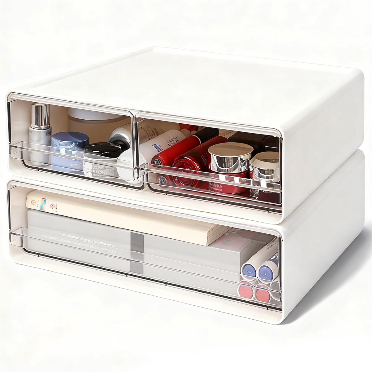 Schubladenbox voor bureau met 3 laden: 2 stuks kantoor organizer met laden groot, stapelbare ladenboxen van kunststof, opbergbox met laden voor kantoorartikelen en cosmetica, wit