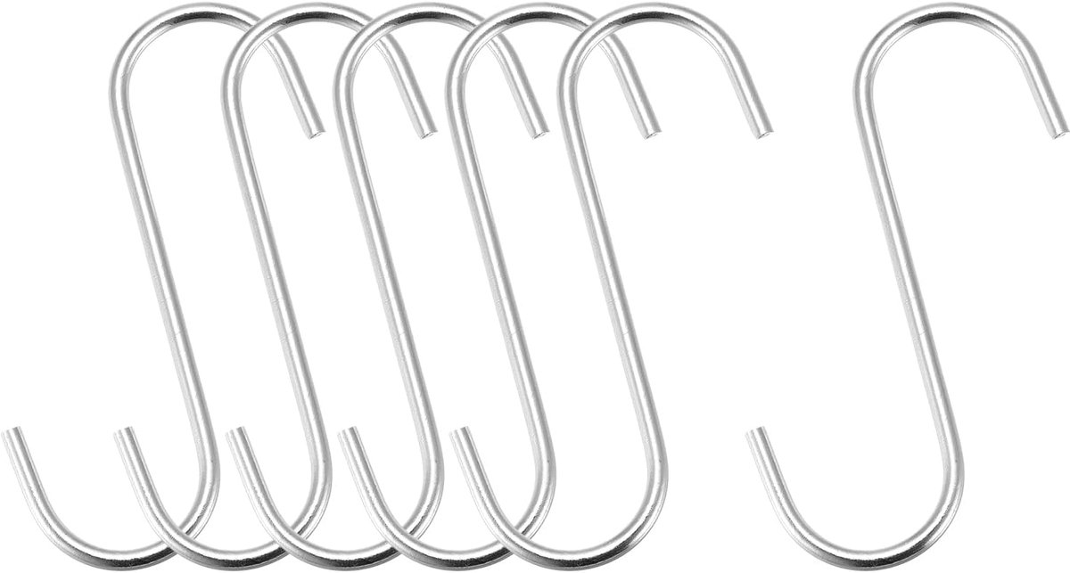 sourcing map 6 stuks S-ophanghaken 110 mm extra lange stalen beugels, voor binnen en buiten, tuin, badkamer, kast, werkplaats, keuken, zilverkleurig