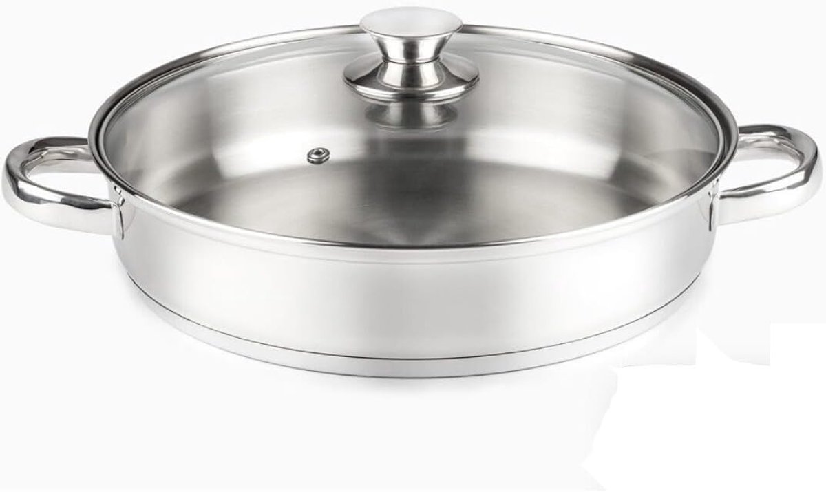 kookpan van roestvrij staal 18/10-30 cm Ø x 6,5 cm inhoud 4,6 liter met glazen deksel | holle en vaste handgrepen