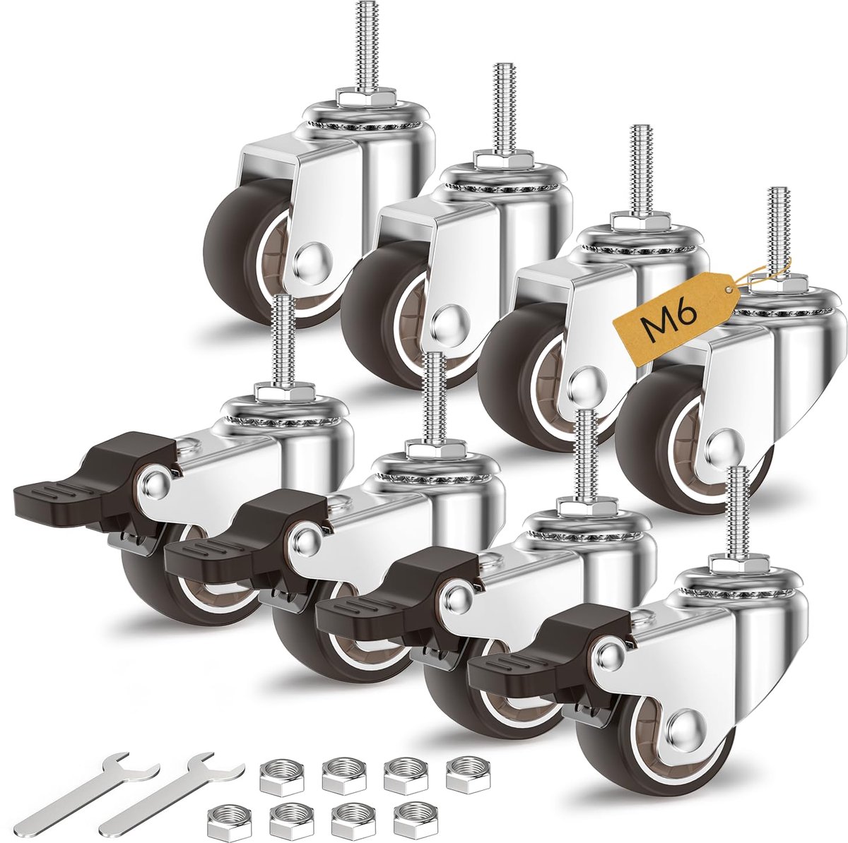 Set van 4 meubelwielen 25 mm voor kleine zwenkwielen met steekwagenschacht M6-1 x 20 mm (diameter schacht 6 mm schachtlengte 20 mm) totale capaciteit 40 kg verpakking van 8 stuks