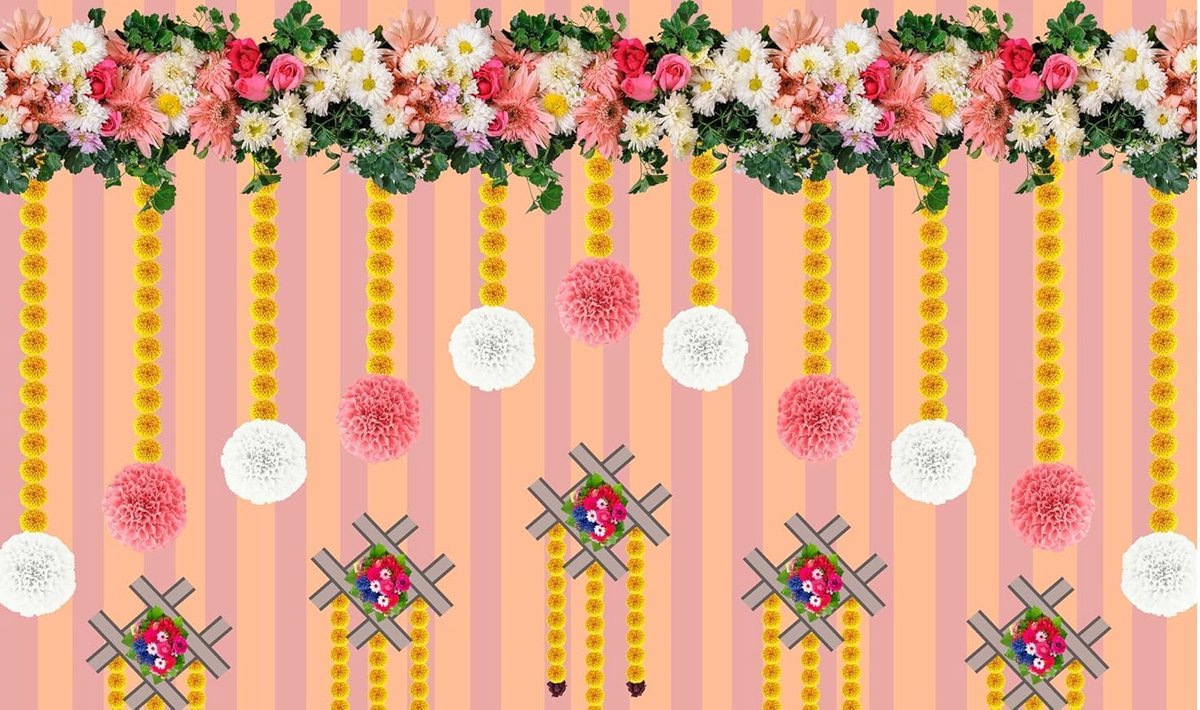 achtergronddoek goudsbloem en bloem hangend ontwerp achtergrond gordijn doek opknoping aan muur voor Indiase traditionele festival achtergrond Pooja Decoratie (maat: -240 cm x 152 cm