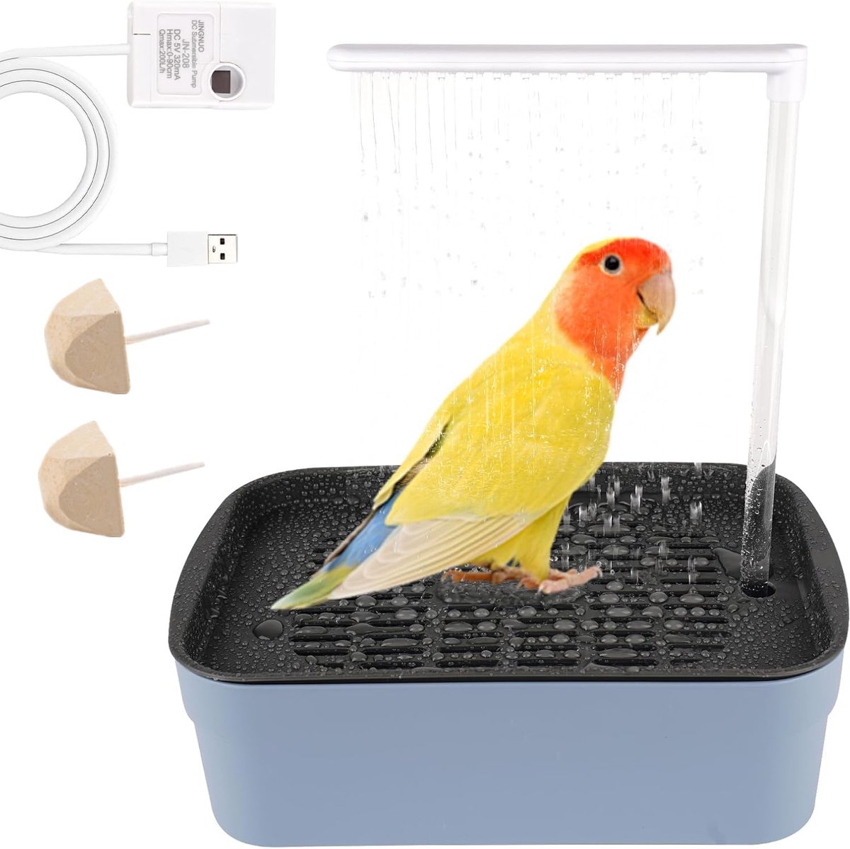 Vogelbad, douchebak, papegaai, automatische badkuip met douche, huisdiercirculatiewaterbad, USB-waterpomp, sproeihendel, 2 Molar Stone (grijs)