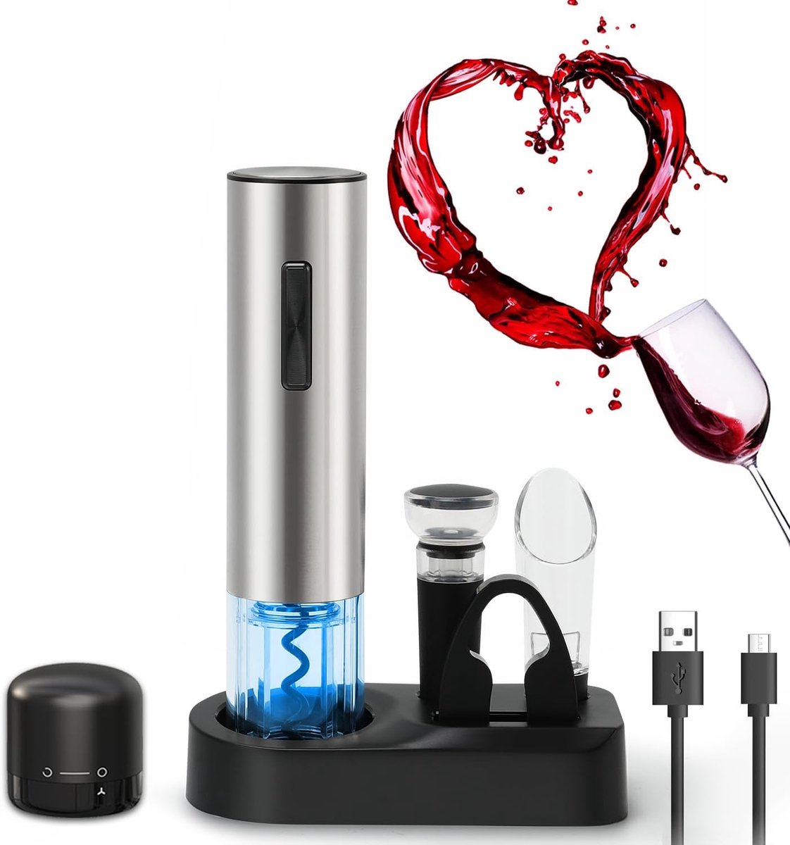 7-in-1 elektrische wijnkurkentrekker cadeauset roestvrij staal, elektrische wijnopener met basis, snijder, schenktuit, siliconen vacuümstop, wijnkurk met slot, USB-oplaadkabel