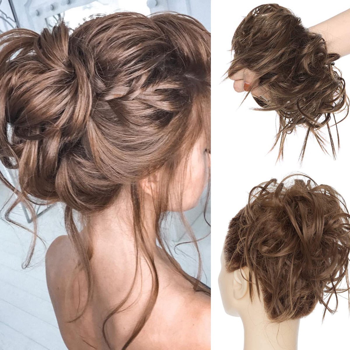 Haarstukje, haarelastiek, Messy Bun Extensions, knot, scrunchie, opgestoken kapsels, haarverlenging, krullend, rommelig, 45 g, asbruin