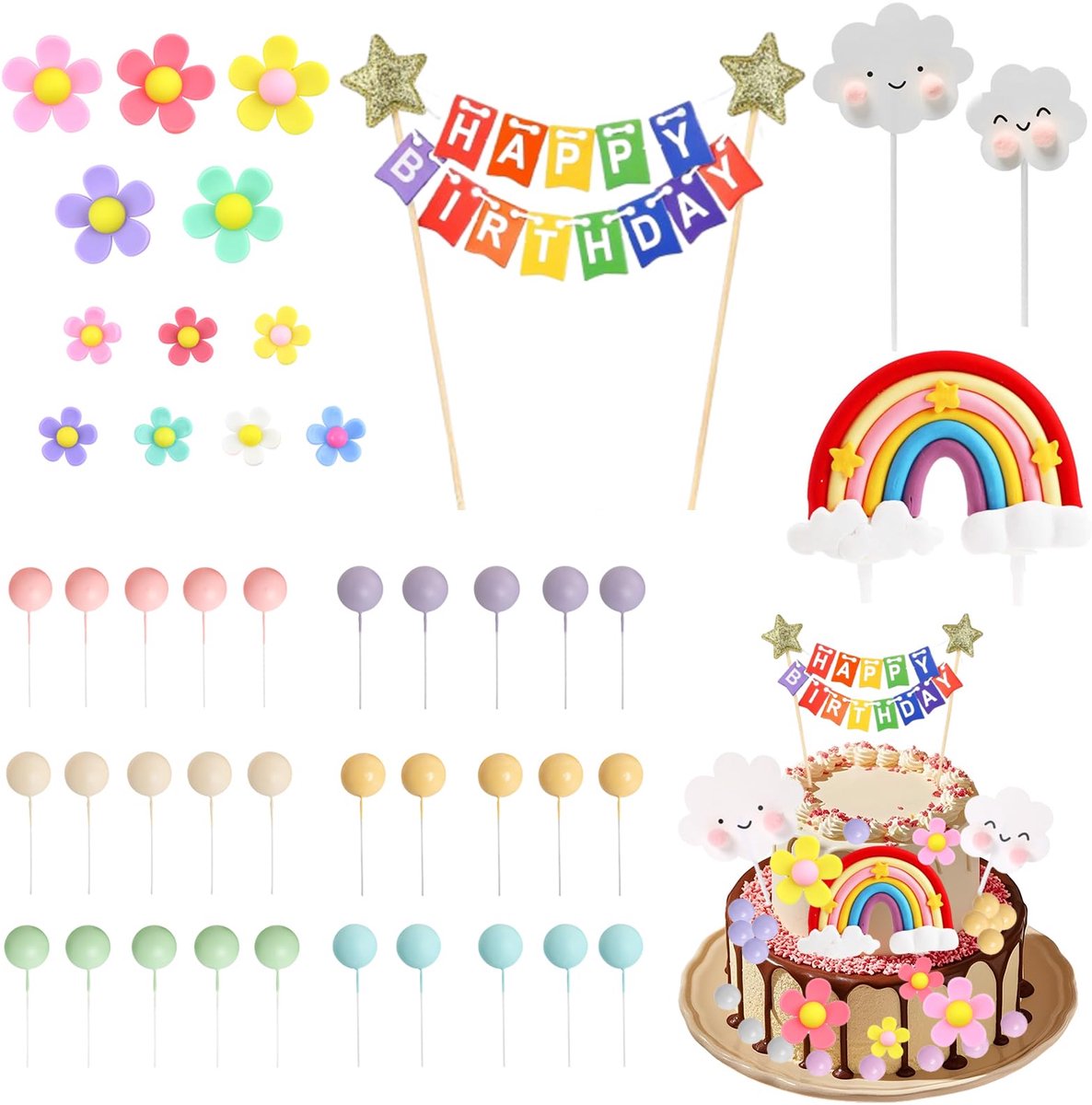 Taartdecoratie set voor taartversiering – 45-delige boho cake topper kit – zachte siliconen bloemen, regenboog ster, DIY vlaggetjes, kleurrijke decoraties – geschikt voor verjaardag