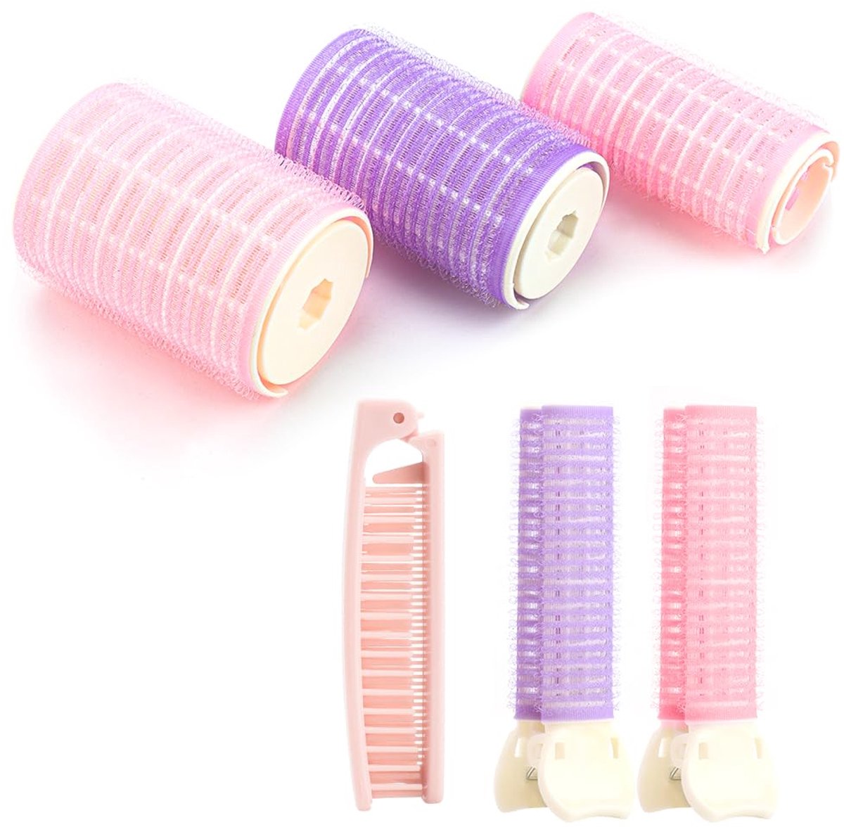 Haarwikkelset 37 stuks, krultang tot kort haar, zonder hitte, bevat 18 krulspelden, 2 volumeclips, 12 clips, 1 steelkam, 1 spuitfles en 3 elastieken (volume haarclips)